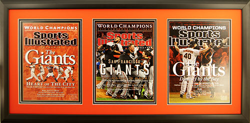 Newspaper Display Picture Frame. Sports Illustrated Cover Reprints.  San Fransisco Wins 2010, 2012 and 2014 World Series. Frame #201 Matte Black 1 1/2". Outer Mat Deep Orange, Inner Mat Black Belt.