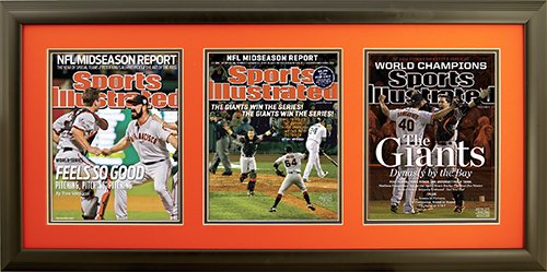 Newspaper Display Picture Frame. San Fransisco Wins 2010, 2012 and 2014 World Series. Frame #201 Matte Black 1 1/2". Outer Mat Deep Orange, Inner Mat Black Belt.  Price $175.95 as configured