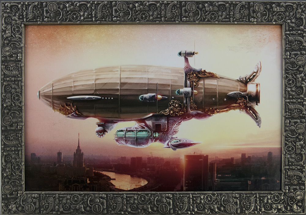 Framed Steampunk Dirigible Balloon In The Sky Over A City.