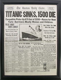 Framed Titanic Reproduction Newspaper.
