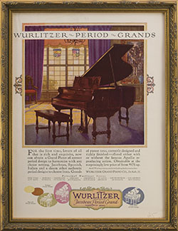 Framed 1925 Wurlitzer Jacobean Period Grand Piano Ad.